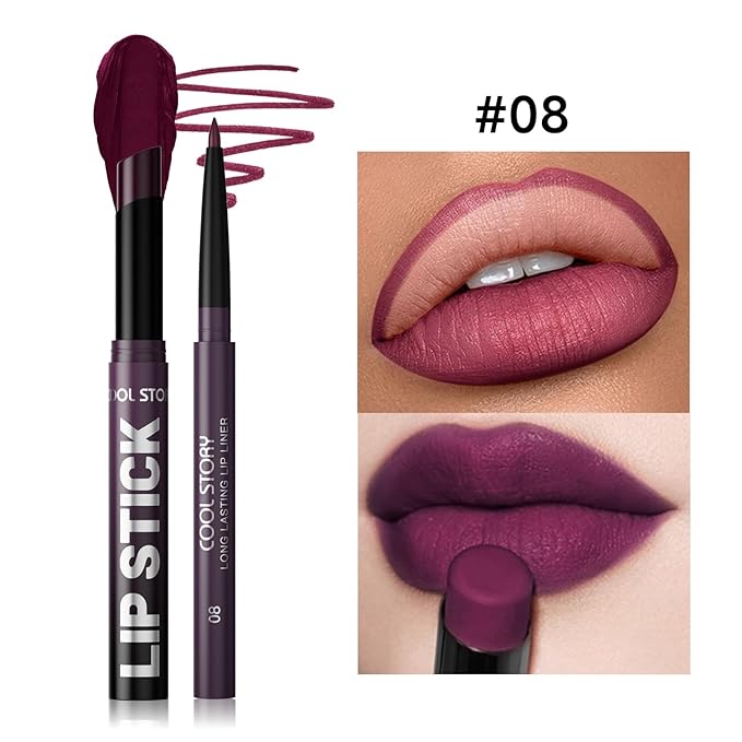 COOL STORY 2 Piece Lip Liner and Lipstick Set, Long Lasting Formula, Professional Makeup Kit (08)