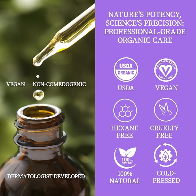 Organic Face Oil with Lavender, Rosehip, Frankincense, Pomegranate & Vitamin E - USDA Certified Cold Pressed 100% Natural Anti-Aging Facial Oil for Moisturizing, Brightening - 1oz / 30ml