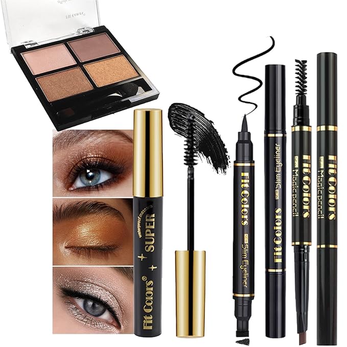 4-in-1 Eye Makeup Kit 4 Colors Eyeshadow Palette Black Liqiud Eyeliner with Stamp and Double-headed Brown Eyebrow Pencil Set for Women Beginners Gift (02)