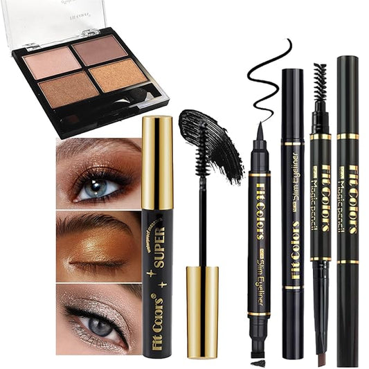 4-in-1 Eye Makeup Kit 4 Colors Eyeshadow Palette Black Liqiud Eyeliner with Stamp and Double-headed Brown Eyebrow Pencil Set for Women Beginners Gift (02)