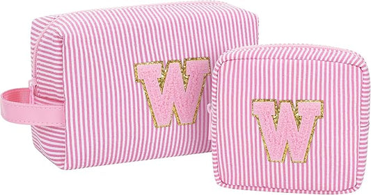 MONSTINA Personalized Initial Makeup Bag for Women,Make Up Case for Girlfriend Bridesmaid Wife,Birthday Gift for Her Cute Toiletry Bag,2PCS,Pink W