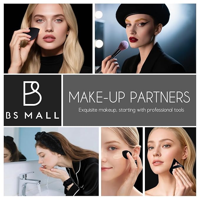 BS-MALL Makeup Brush Set with Waterproof Travel Bag & Makeup sponges -26 Pcs Set Triangle Puff & Face Washing Puffs,Face Wash Headband Wristband for Travel Go Camping Gift & Makeup Beginners (Black)