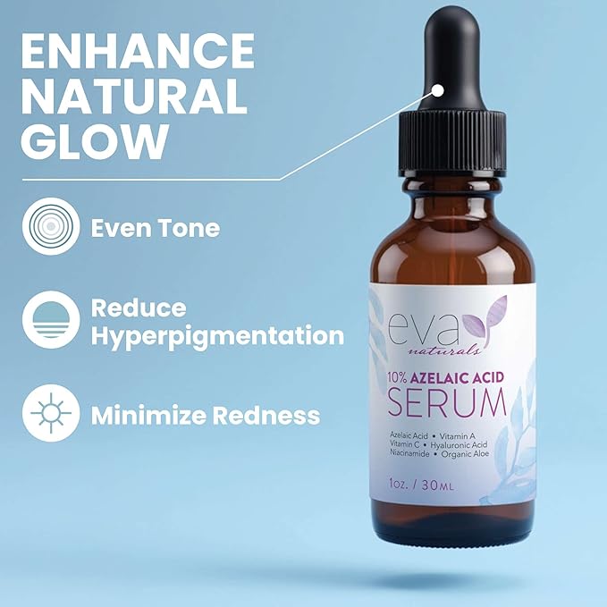Eva Naturals Azelaic Acid Serum for Face – Niacinamide, Hyaluronic Acid, Vitamins A+C+E – Redness Relief, Dark Spots, Uneven Skin Tone, Texture, Pores, Topical Booster for Clearer, Smoother Skin, 1oz