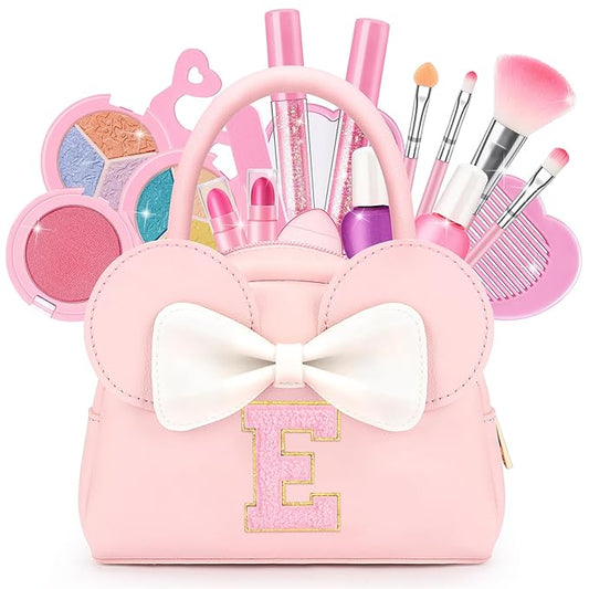 Kids Real Makeup Kit for Girls - 18Pcs Non-Toxic Washable Make Up Toys with Initial Toddler Purse - Personalized Birthday Gifts for Age 3 4 5 6 7 8 9 10 Years Old Girls Vanity Set - E