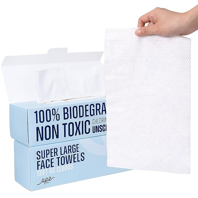 XL Disposable Face Towels, 100% Biodegradable, Non-Toxic, Unscented Thick Face Towelettes for Sensitive Skin Face Washing, Ultra Soft Makeup Remover Dry Wipes, 120 Count (2 Pack)