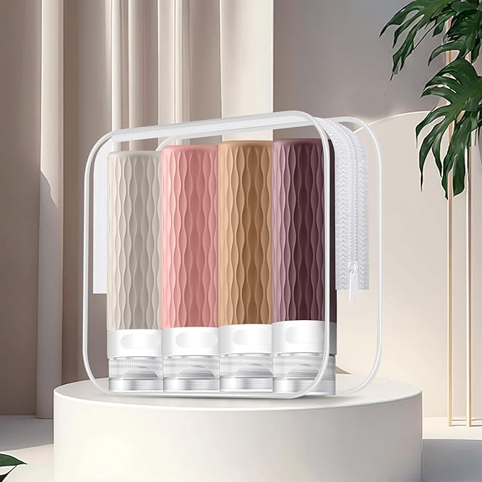 Travel Bottles for Toiletries, TSA Approved 3.4oz Travel Size Containers, BPA Free Leak Proof Silicone Traveling Bottles, Refillable Travel Essentials Kits for Shampoo Conditioner(4 Pack)-B