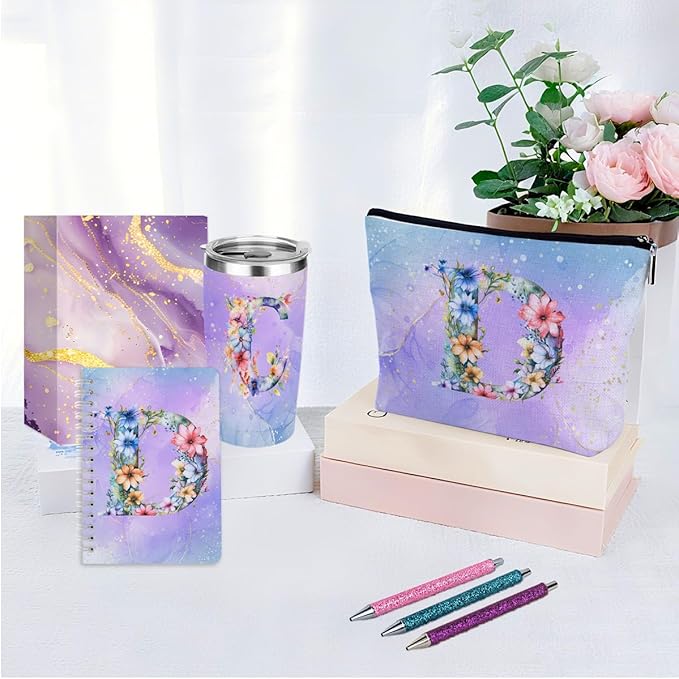 Personalized Gifts Monogrammed Birthday Gifts for Women, Boss Teacher Appreciation Christmas Initial 20 oz Tumbler, Makeup Bag Cup Ballpoint Pens Journal Notebook 6 Set, (Aesthetic Purple Flower D)