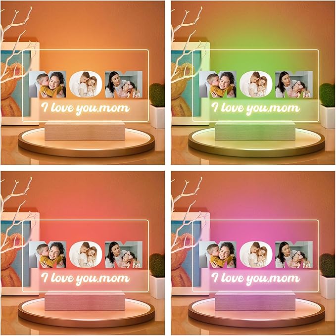Custom Mom Picture Frame with Photo, Personalized Photo Frame with Night Light, Customized Picture Frames, Personalized Christmas Birthday Gifts for Mom from Daughter & Son