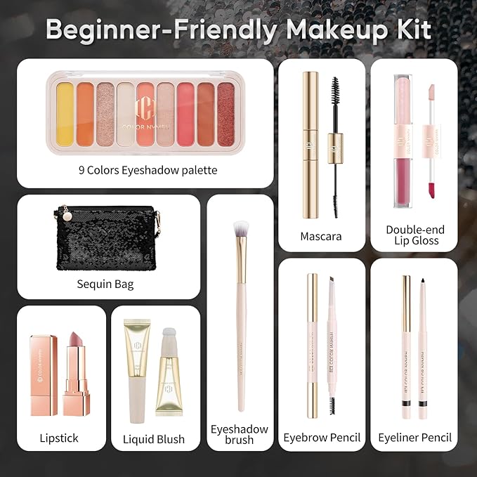 Color Nymph Full Cosmetics Set for Beginner, Makeup Gift Kit for Girls, Women & Teens, Sequin Make up Bag for Starters Includes Lip Gloss, Lipstick, Liquid Blush, Eye shadow Palette, Mascara etc