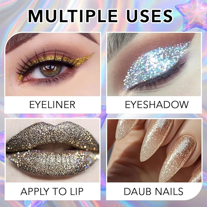 6Pcs Shimmer Metallic Eyeshadow Eyeliner Set - Glitter Sparkle, Long Lasting, Quick Drying, Waterproof & Smudge Proof, High Pigment Liquid Eyeshadow for Parties, Cosplay, Weddings (Set 2#)