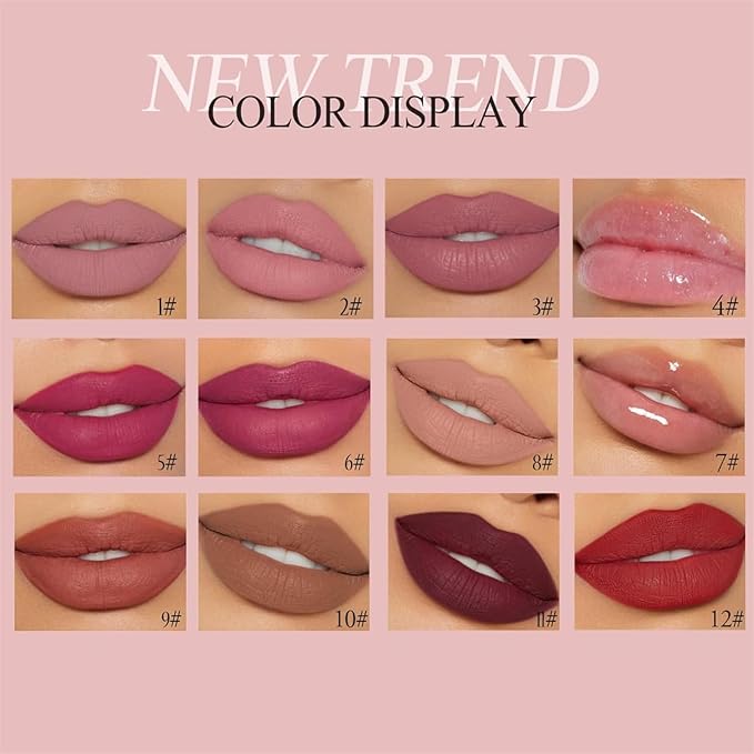 12Pcs Nude Matte Liquid Lipstick Set, Waterproof Long Lasting Non-Stick Cup 12 Colors Nude Lipstick 24 Hour Not Fade Matte Lipstick Professional Lip Gloss Makeup Mother's Day Gift Sets for Women
