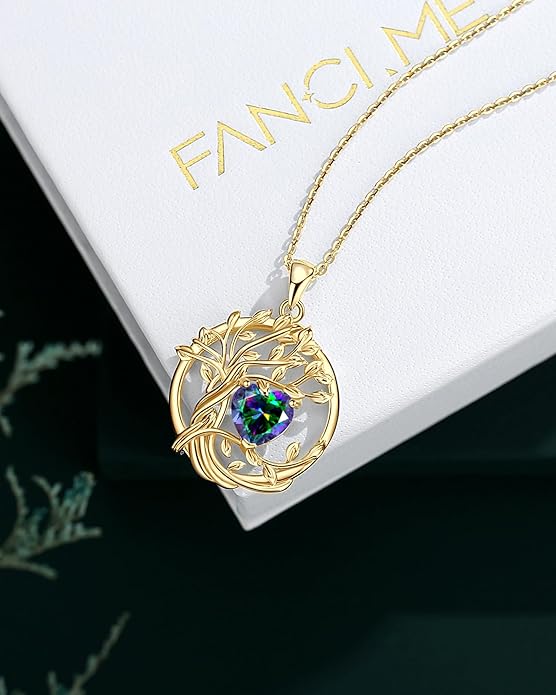 FANCIME Tree of life Birthstone necklace Sterling Silver Pendant Birthstone Necklace Gemstone Anniversary Birthday Jewelry Christmas Gifts for Mom Her Wife