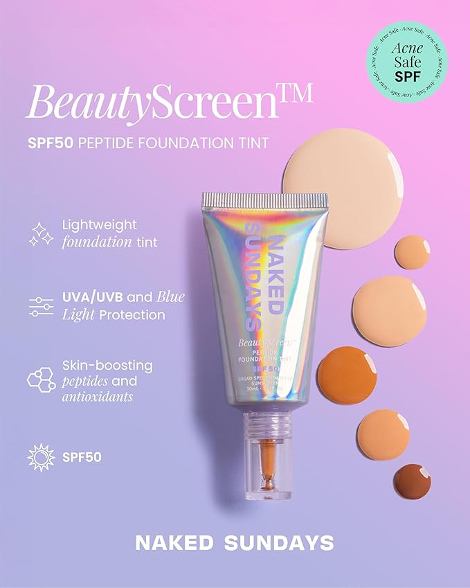 Naked Sundays BeautyScreen™ SPF 50 Mineral Peptide Foundation Tint – 2-in-1 Skin Tint & Mineral Sunscreen | Radiant, Buildable Coverage, Acne-Safe, Infused with Peptides (3 Warm Honey, 1.01 oz)