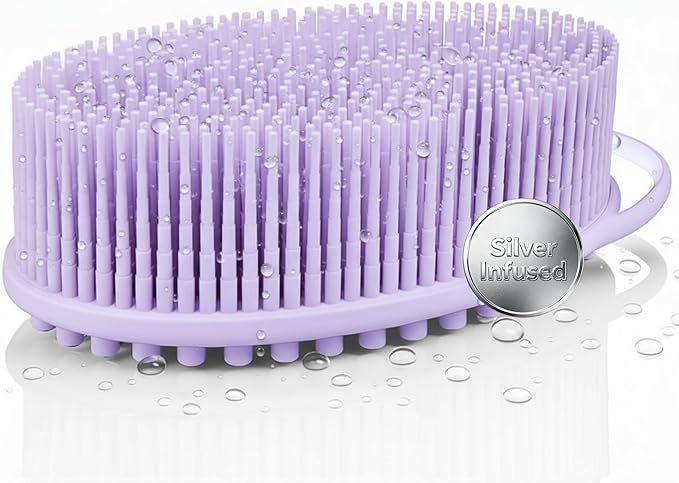 Silver Infused Silicone Body Scrubber Shower - Gentle Back Scrubber Soft Bristles - Avilana Premium Dual Sided Bath Brush Massage - Advanced Material Loofah Alternative - Gift Women Men