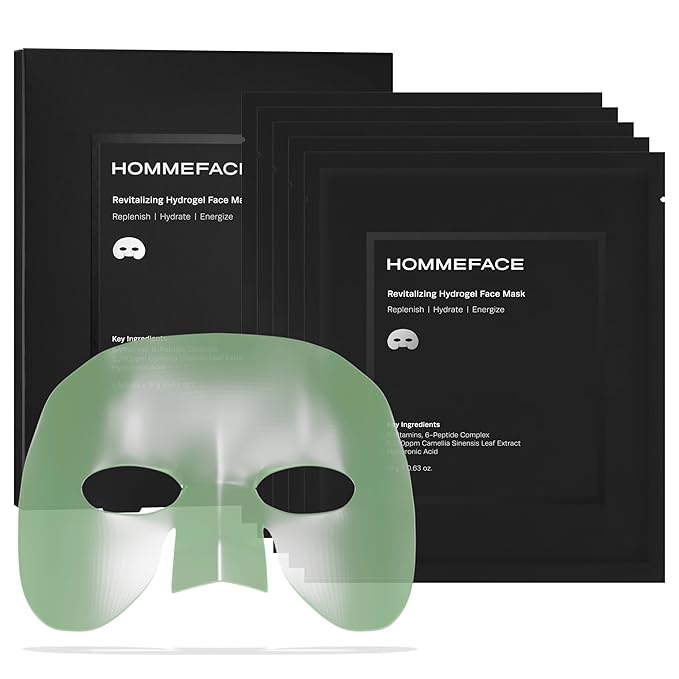 HommeFace Men’s Revitalizing Hydrogel Facial Mask Set (5ct) - Hydrating, Beard-Friendly, Anti-Aging, Soothing Face Sheet Masks - Korean Skincare Technology with Hyaluronic Acid, Vitamins & Peptides
