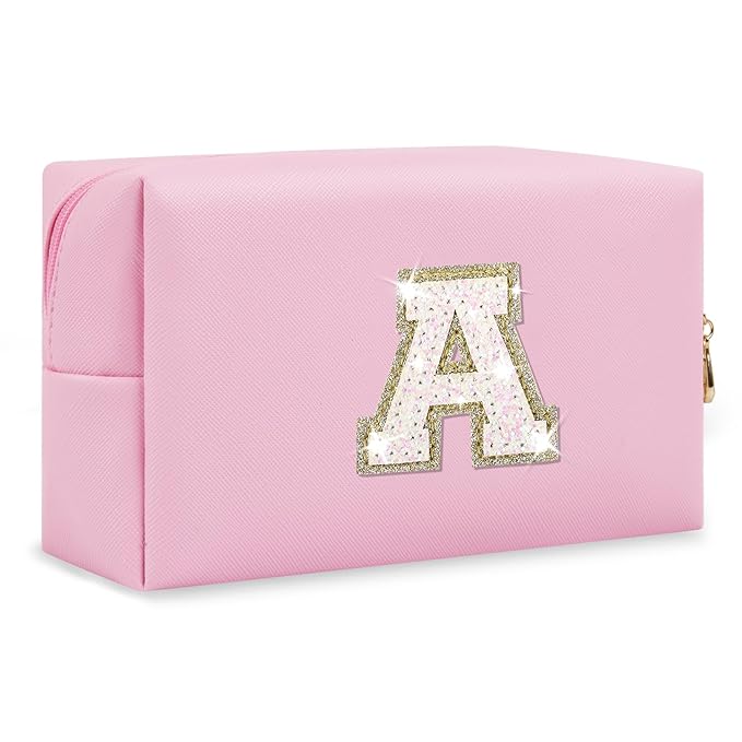 Small Personalized Initial A-Z Patch Makeup Bag,Pink Cute PU Leather Glitter Letter Cosmetic Bag for Teen Girls,Travel Toiletry Bag with Zipper,Preppy Monogrammed Birthday Gift for Daughter Niece A