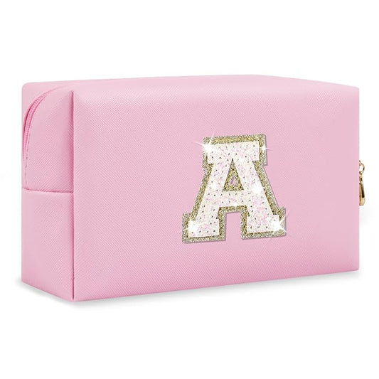 Small Personalized Initial A-Z Patch Makeup Bag,Pink Cute PU Leather Glitter Letter Cosmetic Bag for Teen Girls,Travel Toiletry Bag with Zipper,Preppy Monogrammed Birthday Gift for Daughter Niece A