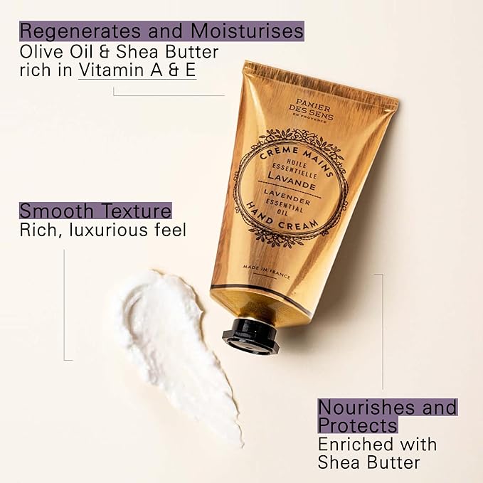Panier des Sens - Hand Cream for Dry Cracked Hands - Lavender Hand Lotion with Shea Butter & Olive Oil - Vitamin E Skin Moisturizer with 97% Natural Ingredients - Made in France, 2.5 fl oz