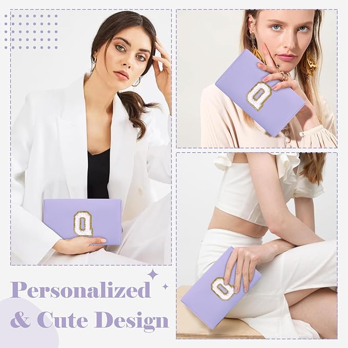 Personalized Makeup Bag Initial A-Z Preppy Patch Bag,Small PU Leather Travel Cosmetic Bag Pouch with Zipper,Purple Cute Toiletry Bag,Gift Ideal for Teen Girls Women Birthday Friend Mom,Latter Q