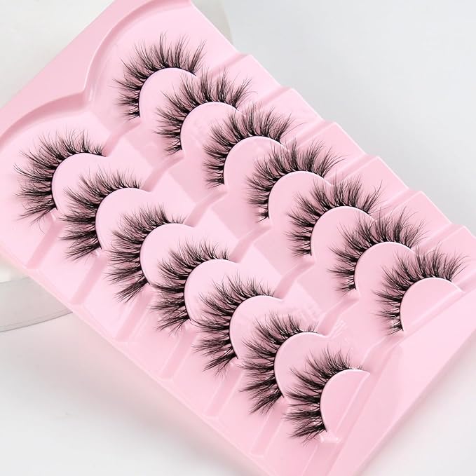 Lashes Natural Cat Eye Lashes Wispy Eyelashes 15mm False Eyelashes Wispy Lashes 3D Volume Strip Eyelashes Thin Cotton Band Soft Fake Eyelashes False Lashes Pack 7 Pairs Siligli
