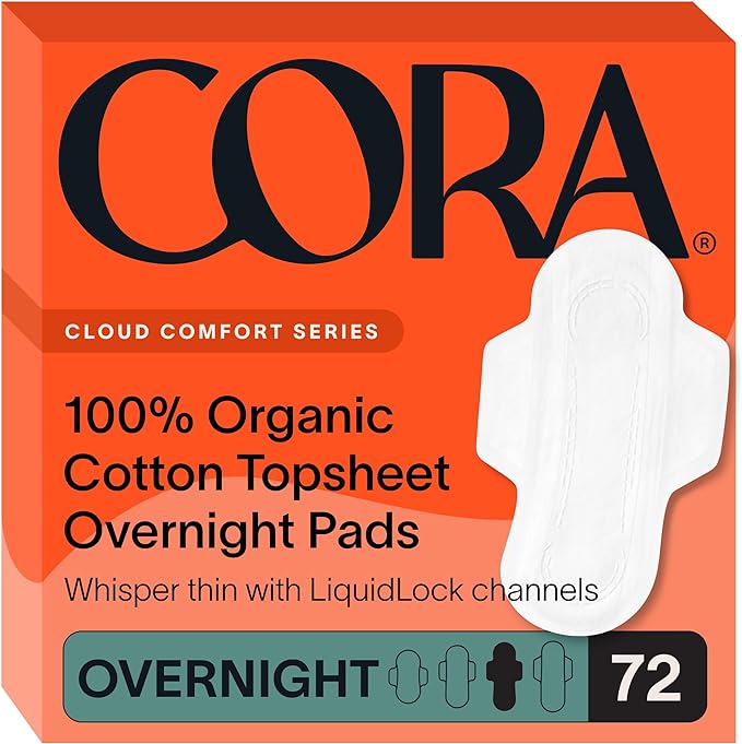 Cora 100% Organic Cotton Topsheet | Ultra Thin Period Pads with Wings | Overnight Absorbency | Ultra-Absorbent Sanitary Pads for Women (72 Count)