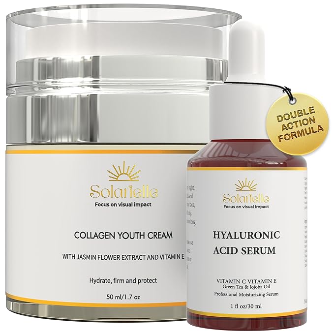 "SOLARIELLE Anti-Aging Skincare Set | Hyaluronic Acid Serum & Collagen Cream | Face & Neck Duo for Wrinkle Reduction | Natural Peptide Formula"
