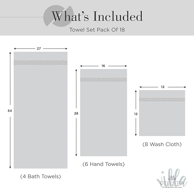 100% Cotton Bath Towel Set of 18-4 Bath Towels, 6 Hand Towels, 8 Wash Cloths, Sustainable, Soft, Highly Absorbent, Combed Cotton 18 Piece Set for Hotels, Spa, Bathroom, Dorm, Grey