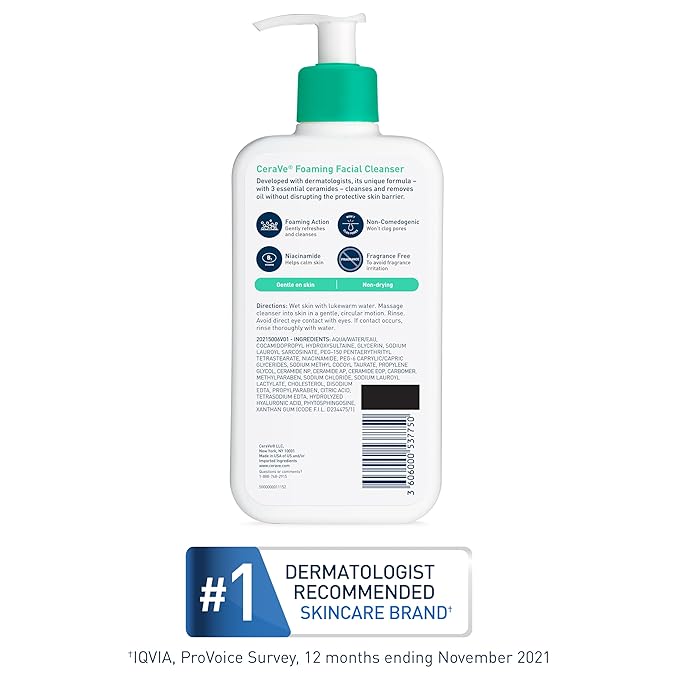 CeraVe Foaming Facial Cleanser, Daily Face Wash for Oily Skin, Hyaluronic Acid + Ceramides + Niacinamide, Fragrance Free & Paraben Free, Non-Drying Oil Control Face Wash, 8 Fluid Ounces