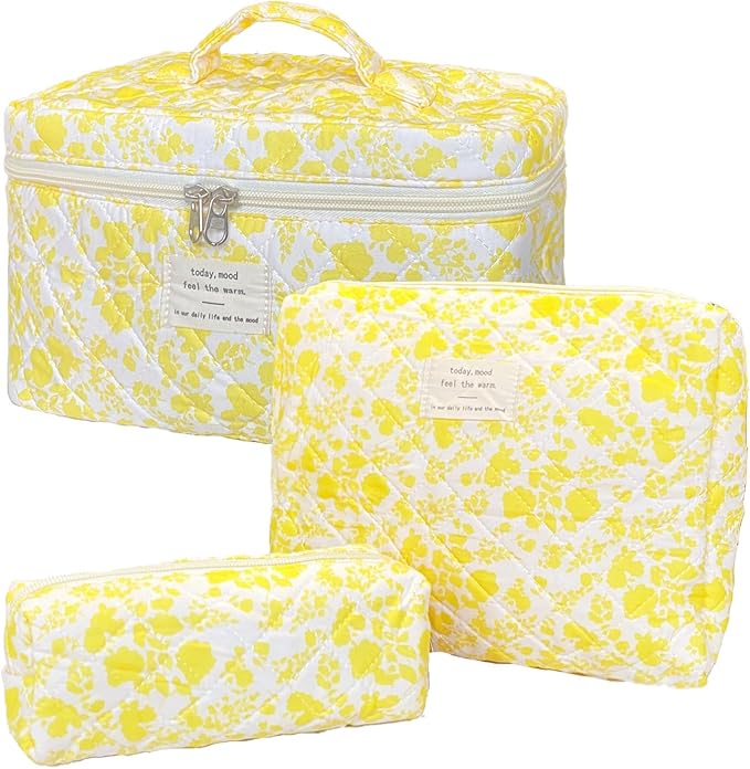 Yellow Large Quilted Floral Makeup Bag Set of 3 Cute Coquette Aesthetic Cosmetic Bag Set Travel Toiletry Bag for Women