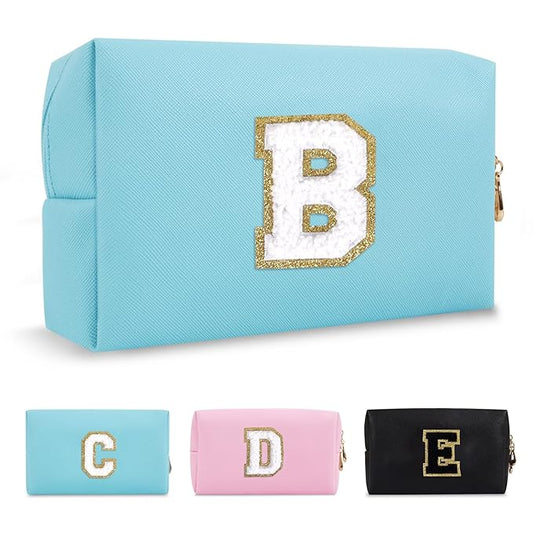 Small Personalized Initial A-Z Preppy Patch Makeup Bag,PU Chenille Letter Travel Cosmetic Pouch with Zipper,Blue Cute Toiletry Bag,Gift Ideal for Teen Girls Women Teacher Bridesmaid,Letter B