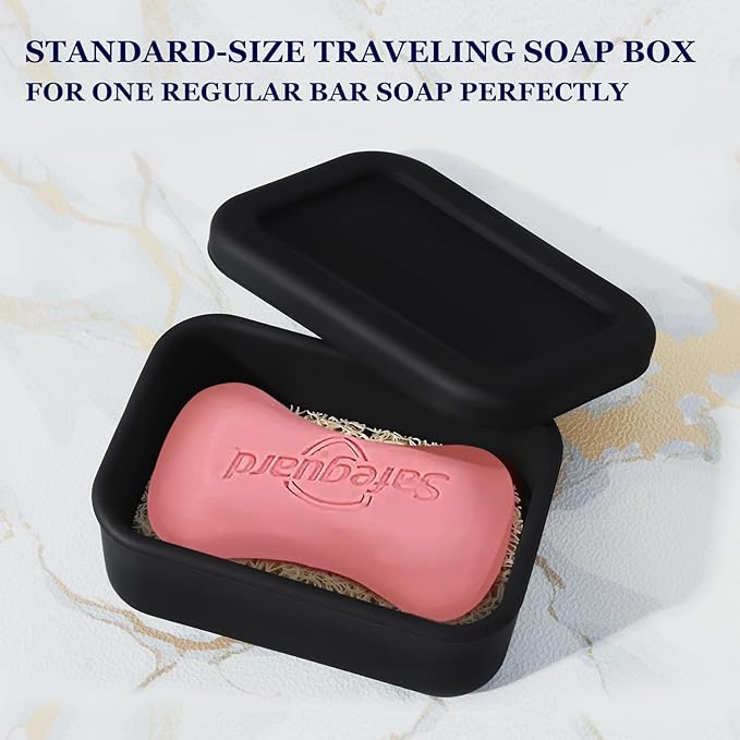 Leak Proof Silicone Travel Soap Case with Draining Layer, Travel Size Toiletry, Portable Soap Container for One Regular Bar Soap Perfectly, Shatter-Proof Soap Holder for Bathroom, Gym (Black)