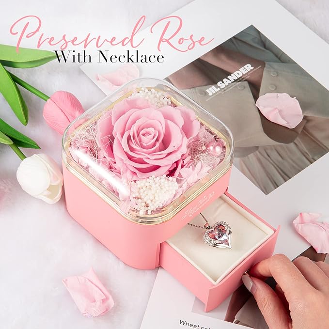Preserved Real Pink Rose with Angle Wings Necklace, Forever Flowers Gifts for Mom Grandma Wife Girlfriend at Christmas Valentines, Anniversary Birthday Gifts for Women, I Love You Gifts for Her