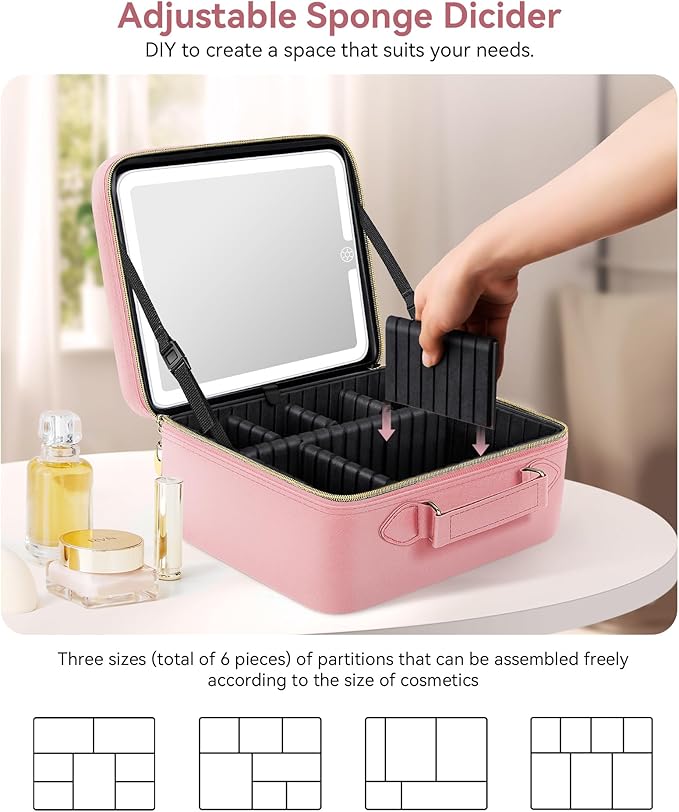 JUSRON Travel Makeup Bag With LED Mirror, Train Case with Light up Mirror, Portable Makeup Artist Organizer Bag with Adjustable Dividers, Makeup Brush Holder Storage (Pink, Large)