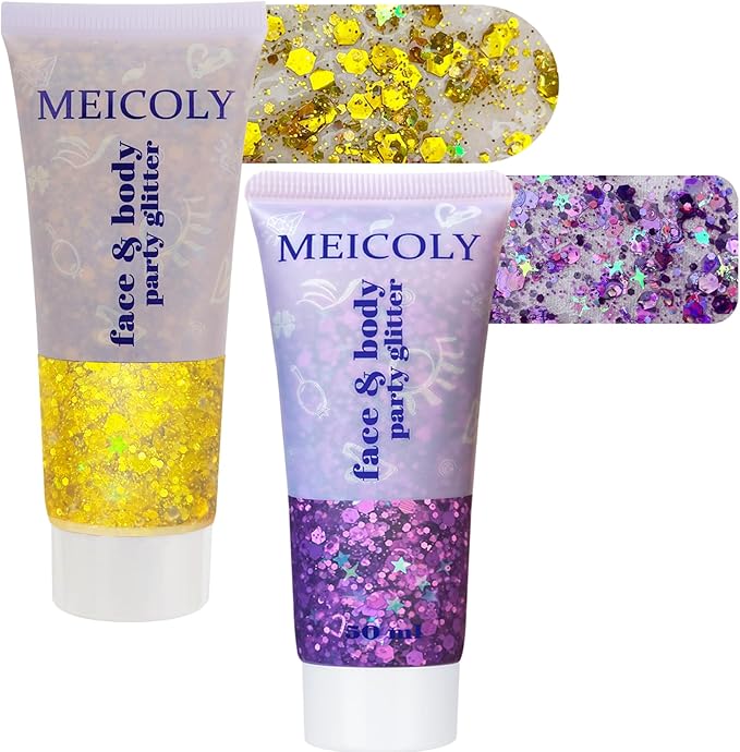 MEICOLY Purple and Gold Face Body Glitter Set, Mardi Gras Face Glitter,Mardi Gras Outfit for Women Kids,Mardi Gras Accessories for Carnival,Sparkly Chunky Glitter Makeup for Rave Festival