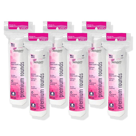 Swisspers Premium Cotton Rounds – 100 Count (Pack of 6) - 100% Pure Cotton - Soft, Absorbent, Hypoallergenic Pads for Makeup Removal, Skincare, Baby Care and Facial Cleansing - Lint Free