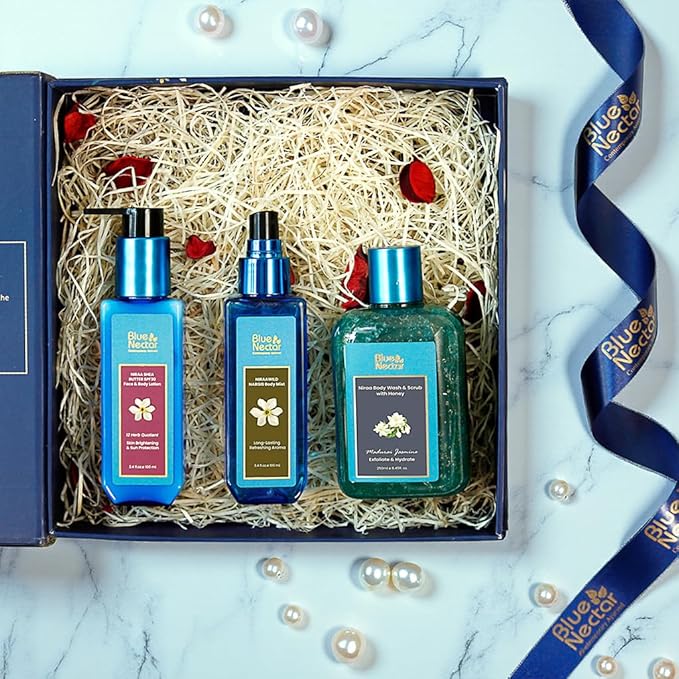 Blue Nectar Premium Ayurvedic Beauty Gift Set for Women & Men | Body Lotion, Wash & Mist with Herbal Ingredients | Ideal Christmas Holidays Gift for Mom, Dad, Girlfriend, Boyfriend & Coworkers