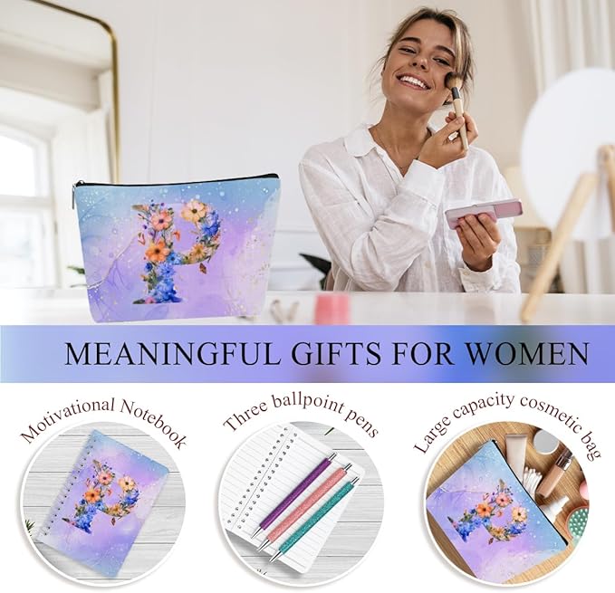 Personalized Gifts Monogrammed Birthday Gifts for Women, Mommy, Female Going Away Christmas, Initial 20 oz Tumbler, Makeup Cosmetic Bag Cup Pens Journal Notebook 6 Set, (Aesthetic Purple Flower P)