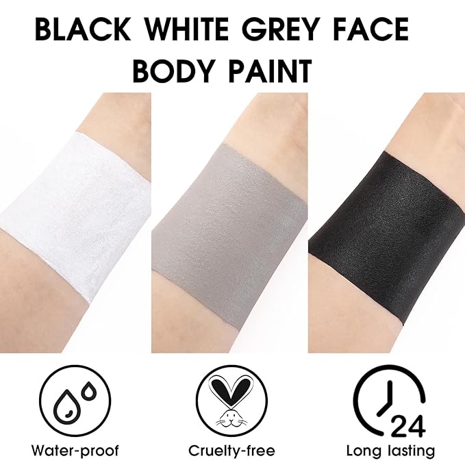 BADCOLOR 3PCS Black White Grey Face Body Paint Stick Makeup for Skull Skeleton Goth Mime SFX Cosplay & Dress Up, Full-Coverage Halloween Facepaint Makeup Kit