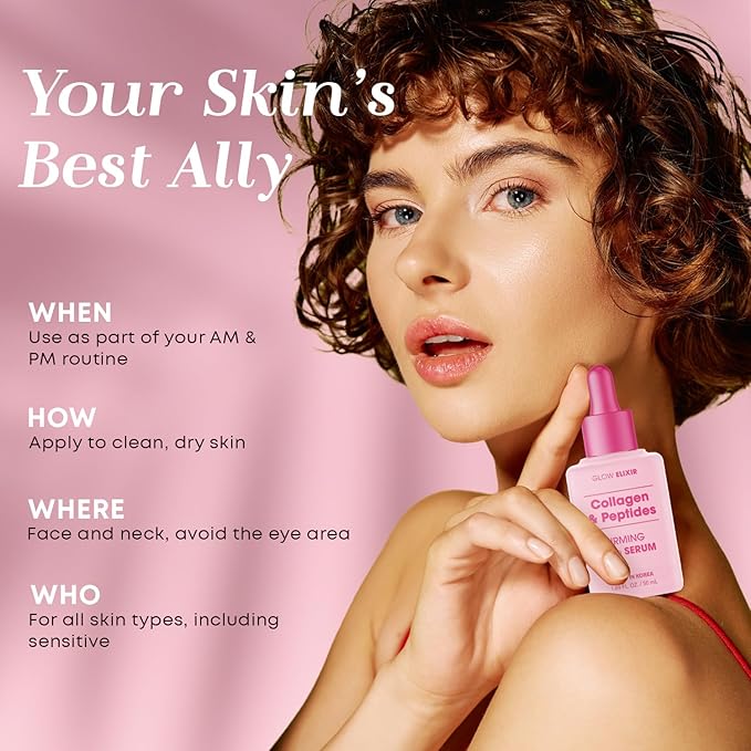 Glow Elixir Collagen & Peptides Face Serum - Dermatologist Tested, Anti-Aging, Korean Skin Care, Hydrates, Firms & Revitalizes Skin - 95% Natural, Vegan, Clean Beauty - 1.69 FL. Oz