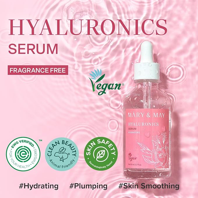 Mary&May Hyaluronics Serum with 6 Types of Hyaluronic Acid Complex for Deep Hydration and Moisture Retention - Fragrance Free, EWG Verified, Cruelty-Free for Dry Dehydrated Skin 2.71 fl.oz.