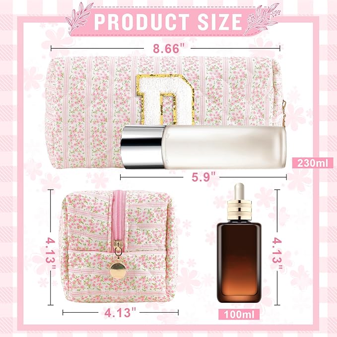 Personalized Quilted Cosmetic Bag, Puffy Monogrammed Christmas Birthday Gifts for Women & Girls, Cute initial Floral Makeup Bag Puffer Coquette Bag, Aesthetic Travel Toiletry Zipper Pouch(Pink,D)
