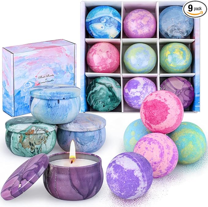 Bath Bombs Gift Set - 5 Large Fizzy Spa Bombs with 4 Scented Candles for Women - Moisturizing Bubble Bath with Essential Oils for Valentine's, Birthday Gifts