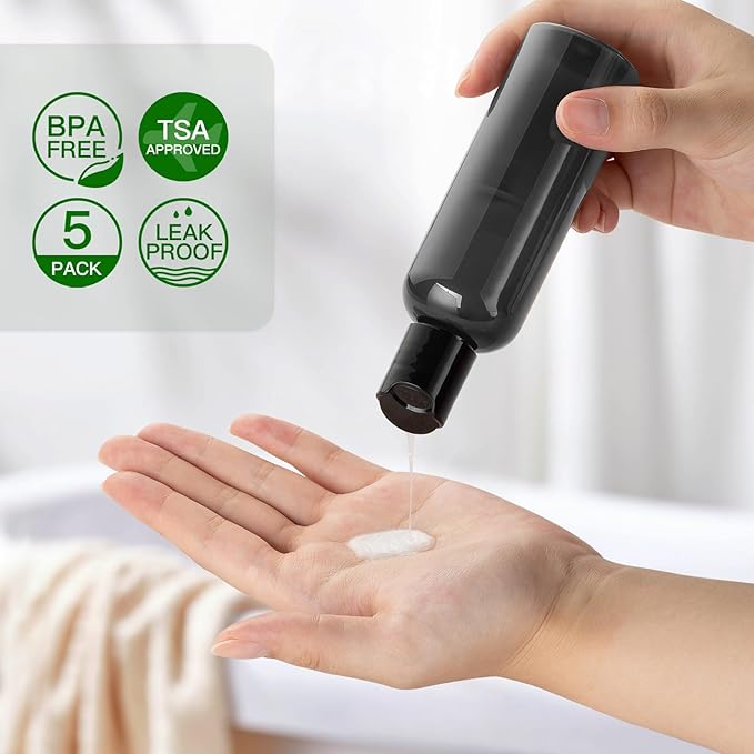 Travel Bottles for Toiletries 3.4 oz - Travel Size Containers for Shampoo Plastic - Small Empty Lotion Squeeze Bottle for Liquid TSA Approved - Leak Proof Mini Conditioner Refillable Black 100ml