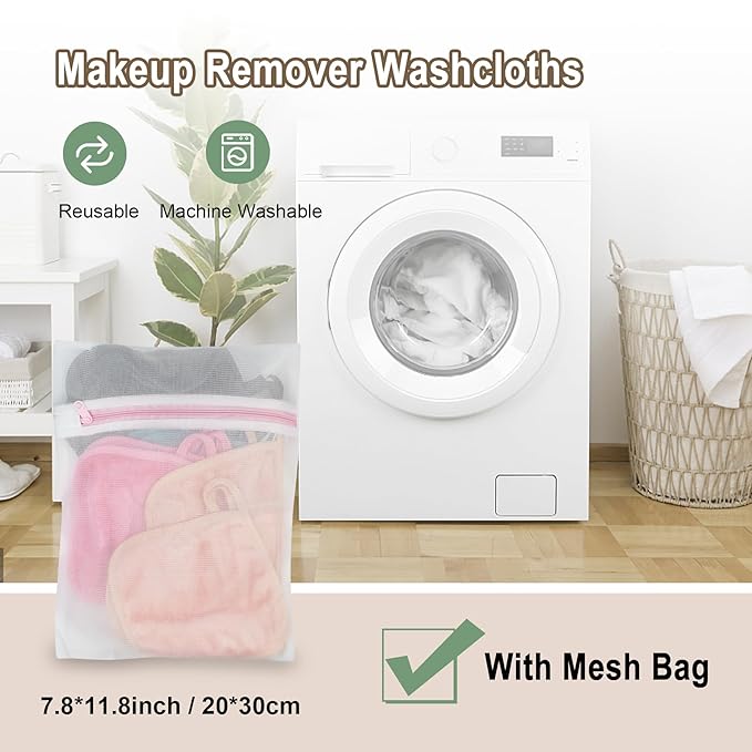 KODAMO Makeup Remover Cloth, 12 Pack Reusable Makeup Remover Towels with Washable Travel Bag, Microfiber Face Wash Cloths for Women All Skin Types, Coral/Pink/Green/Grey