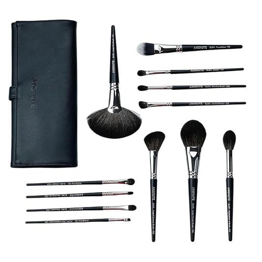 12-Piece Professional Natural Goat Hair Makeup Brush Set with Travel-Ready Makeup Brush Organizer - 5 Face & 7 Eye Brushes. Super Soft Bristles, Variety of Brushes. Labled Brush Handle