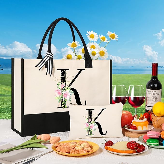 AYGE Personalized Initial Canvas Beach Tote, Monogrammed Gifts for Women, Makeup Bag, Birthday Gifts for Sister, Mom, Teacher, Bridesmaid (K)