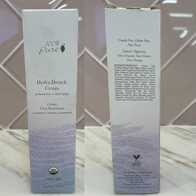 100% PURE Hydra Drench Cream, Daily Face Moisturizer with Hyaluronic Acid, Rose Water, Skin Care for All Skin Types, Natural Face Cream - 1.4 Fl Oz
