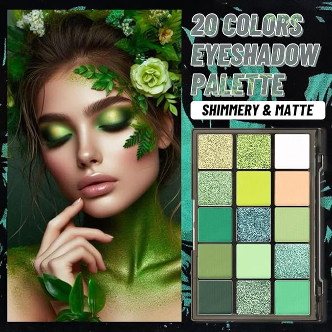 15 Colors Green Matte & Shimmer Eyeshadow Palette - Olive Teal GreenYellow DarkSeaGreen LimeGreen Pink White Eye Shadow Primers Powder for Smoky Looks, Makeup Artist Friendly, Vegan & Cruelty-Free
