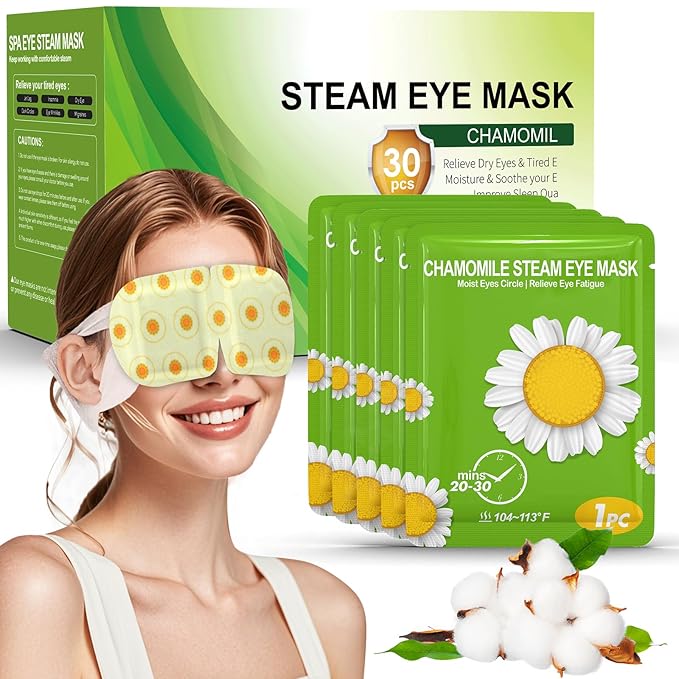 30 Packs Steam Eye Mask Chamomile,Warm Compress for Dry Eyes Sleep Mask,Hot Auto Heated Eye Masks Relaxing Gifts for Women Moist Heat Soothing Eye Fatigue,Disposable Eye Mask for SPA Essentials
