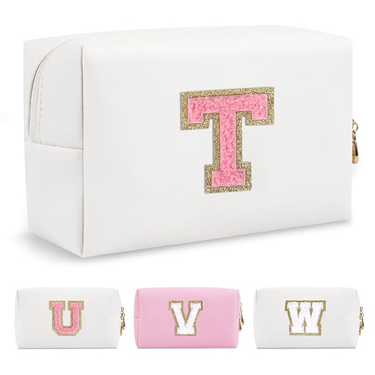 Personalized Makeup Bag Initial A-Z Preppy Patch Bag,Small PU Leather Travel Cosmetic Bag Pouch with Zipper,White Cute Toiletry Bag,Gift Ideal for Teen Girls Women Birthday Friend Mom,Letter T